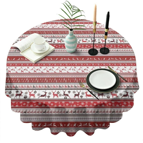 Red Christmas Folk Pattern Round Tablecloth 60"x60",Wrinkle Wipeable Table Cloth for Kitchen Dining Room Picnic Patio Party