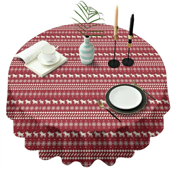 Red Christmas Folk Pattern Round Tablecloth 60"x60",Wrinkle Wipeable Table Cloth for Kitchen Dining Room Picnic Patio Party