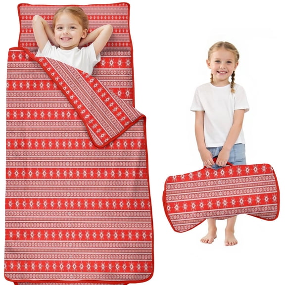 Red Christmas Folk Pattern Toddler Nap Mats for Kids Preschool,50"x20" Sleeping Mat Bag or Kids,Toddler Sleeping Bag,Toddler Nap Mat or Daycare