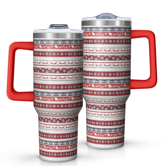 Red Christmas Folk Pattern Tumbler with Handle and Lid,40oz Double Wall Vacuum Insulated Tumbler,Cups Gift for Women and Men