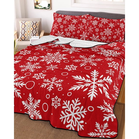 Red Christmas Full Size Down Alternative Comforter, Lightweight Comforter Quilt Bedding Set with Pillow Shams White Snowflake Merry Christmas All Seasons Bed Comforter Duvet Insert 78"x90"