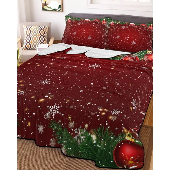 Red Christmas Full Size Down Alternative Comforter, Lightweight Comforter Quilt Bedding Set with Pillow Shams Winter Xmas Balls Snowflake Pine Branches All Seasons Bed Comforter Duvet Insert 78"x90"