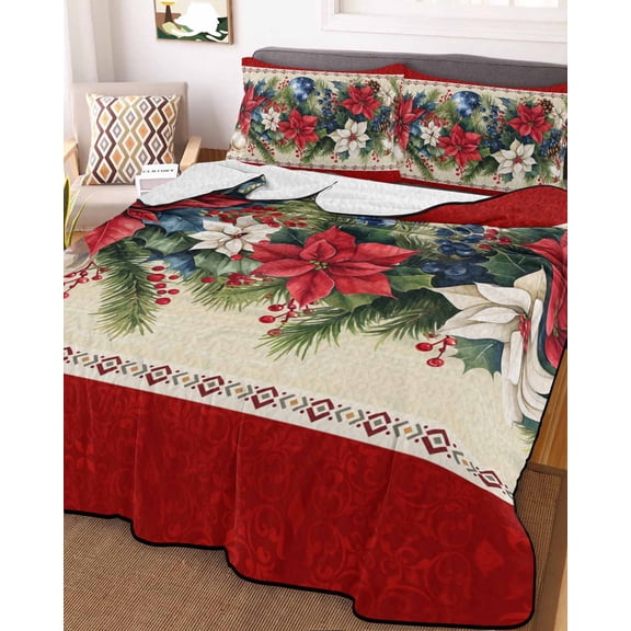 Red Christmas Full Size Down Alternative Comforter, Lightweight Comforter Quilt Bedding Set with Pillow Shams Xmas Botanical Poinsettia Blue Balls All Seasons Bed Comforter Duvet Insert 78"x90"
