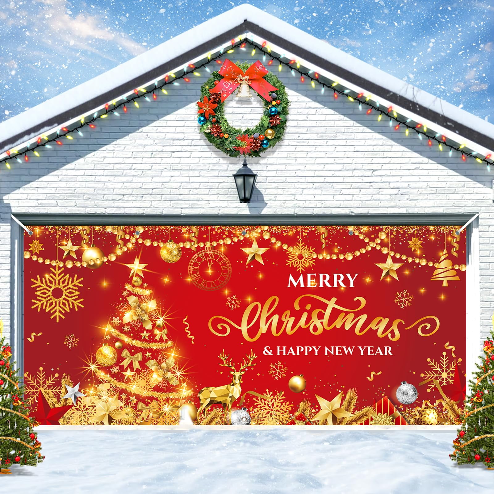 Red Christmas Garage Door Banner Large Red Gold Merry Christmas ...