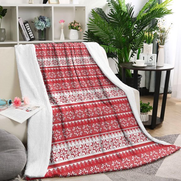 Red Christmas Geometric Snowflake Pattern Blanket,Comfortable Soft Lamb Wool Throw Blanket,All Season,Warm Lightweight Blankets for Sofa Bed Couch Living Room Chair,60"x80"