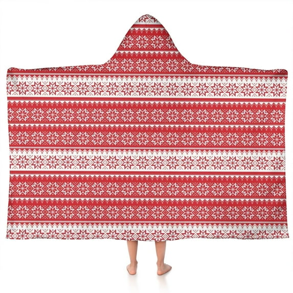 Red Christmas Geometric Snowflake Pattern Hooded Bath Towel,50"x30" for Ages 3 To 12 Kids, Quick Dry Lightweight Soft Microfiber Hood Beach Towel Cover Up for Kids