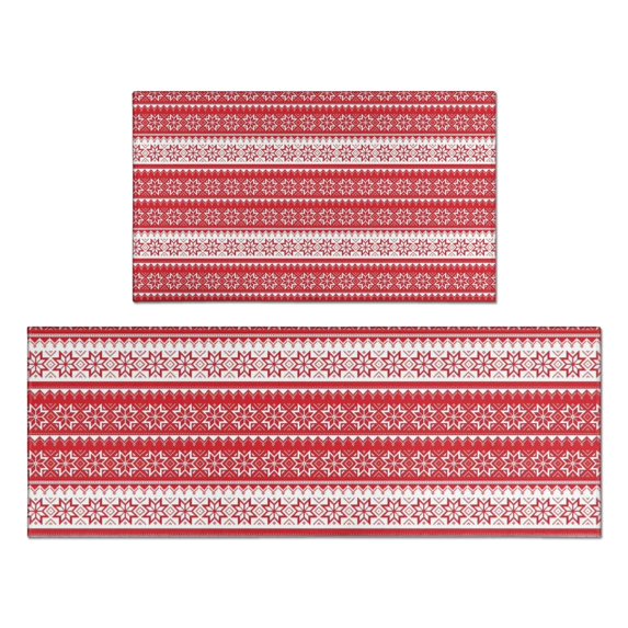 Red Christmas Geometric Snowflake Pattern Kitchen Rugs Sets Of 2,Anti Fatigue Kitchen Mat Rugs Non Slip Washable,Decorative Kitchen Floor Mats for Kitchen,Sink,Laundry,17"x30"+17"x47"