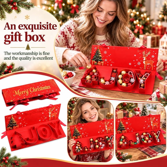 Red Christmas Gift Box with Lid and 3D Pop-Up Joy Design, for Holiday Present Wrapping, Festive Packaging Box