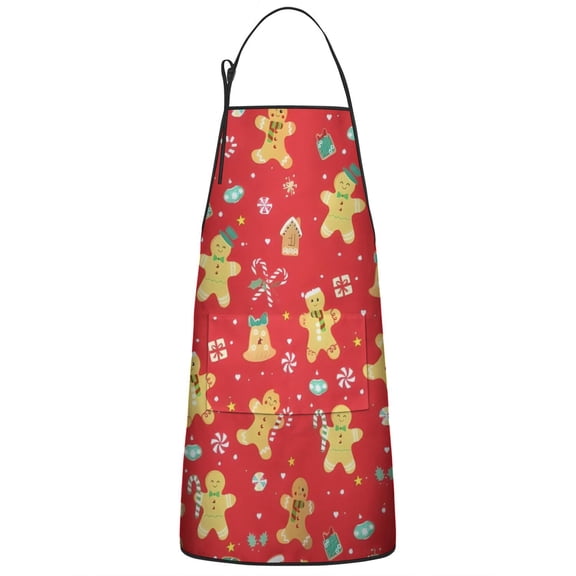 Red Christmas Gingerbread Man Pattern Apron-Garden Aprons for Women with Pockets-Cotton Linen Waterproof Kitchen Cooking Gardening Aprons Adjustable for Kitchen,Cooking,BBQ and Salon 33"x27"