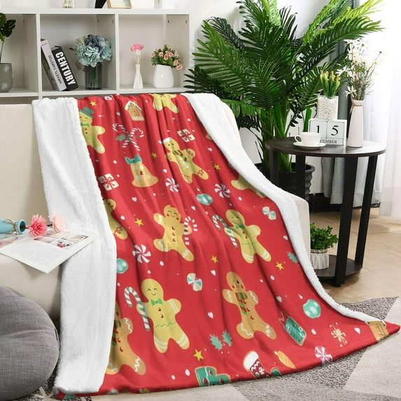 Red Christmas Gingerbread Man Pattern Blanket,Comfortable Soft Lamb Wool Throw Blanket,All Season,Warm Lightweight Blankets for Sofa Bed Couch Living Room Chair,60"x80"