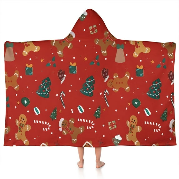 Red Christmas Gingerbread Man Pattern Hooded Bath Towel,50"x30" for Ages 3 To 12 Kids, Quick Dry Lightweight Soft Microfiber Hood Beach Towel Cover Up for Kids