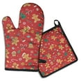 thumbnail image 1 of Red Christmas Gingerbread Man Pattern Kitchen Oven Mitt and Pot Holder Sets 2 Pcs for Baking, Cooking and Grilling, Heat Resistant Up To 392 °F, 1 of 7