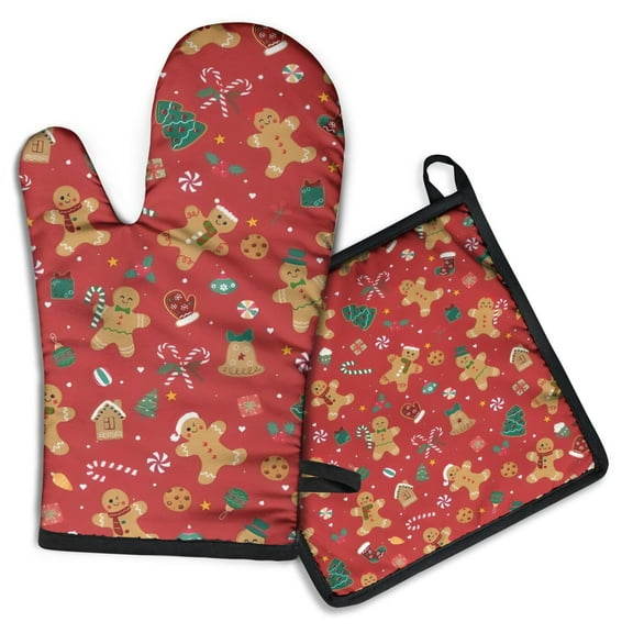 Red Christmas Gingerbread Man Pattern Kitchen Oven Mitt and Pot Holder Sets 2 Pcs for Baking, Cooking and Grilling, Heat Resistant Up To 392 °F