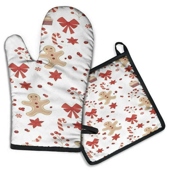 Red Christmas Gingerbread Man Pattern Kitchen Oven Mitt and Pot Holder Sets 2 Pcs for Baking, Cooking and Grilling, Heat Resistant Up To 392 °F