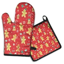Red Christmas Gingerbread Man Pattern Kitchen Oven Mitt and Pot Holder Sets 2 Pcs for Baking, Cooking and Grilling, Heat Resistant Up To 392 °F