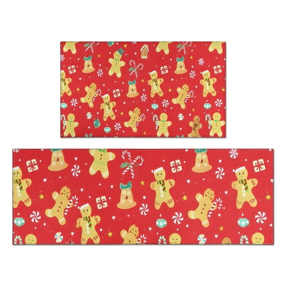 Red Christmas Gingerbread Man Pattern Kitchen Rugs Sets Of 2,Anti Fatigue Kitchen Mat Rugs Non Slip Washable,Decorative Kitchen Floor Mats for Kitchen,Sink,Laundry,17"x30"+17"x47"