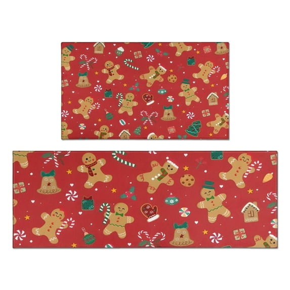 Red Christmas Gingerbread Man Pattern Kitchen Rugs Sets Of 2,Anti Fatigue Kitchen Mat Rugs Non Slip Washable,Decorative Kitchen Floor Mats for Kitchen,Sink,Laundry,17"x30"+17"x47"