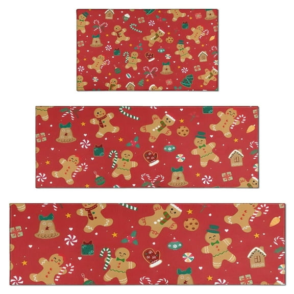 Red Christmas Gingerbread Man Pattern Kitchen Rugs Sets Of 3,Kitchen Runner Rugs Non Skid Washable,Decorative Kitchen Floor Mats for Kitchen,Sink,Laundry,17"x30"+ 17"x47" + 17"x59"