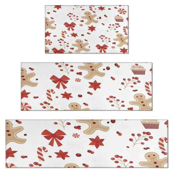 Red Christmas Gingerbread Man Pattern Kitchen Rugs Sets Of 3,Kitchen Runner Rugs Non Skid Washable,Decorative Kitchen Floor Mats for Kitchen,Sink,Laundry,17"x30"+ 17"x47" + 17"x59"