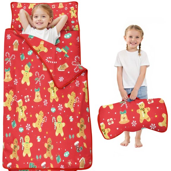 Red Christmas Gingerbread Man Pattern Toddler Nap Mats for Kids Preschool,51"x22" Sleeping Mat Bag or Kids,Toddler Sleeping Bag,Toddler Nap Mat or Daycare