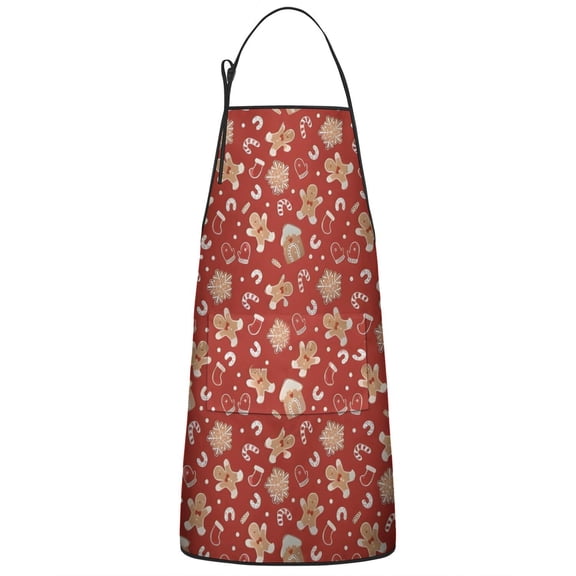Red Christmas Gingerbread and Mitten Pattern Apron-Garden Aprons for Women with Pockets-Cotton Linen Waterproof Kitchen Cooking Gardening Aprons Adjustable for Kitchen,Cooking,BBQ and Salon 33"x27"