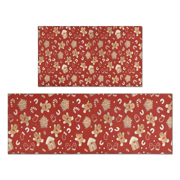 Red Christmas Gingerbread and Mitten Pattern Kitchen Rugs Sets Of 2,Anti Fatigue Kitchen Mat Rugs Non Slip Washable,Decorative Kitchen Floor Mats for Kitchen,Sink,Laundry,17"x30"+17"x47"