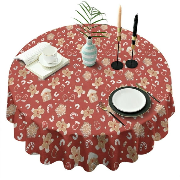 Red Christmas Gingerbread and Mitten Pattern Round Tablecloth 60"x60",Wrinkle Wipeable Table Cloth for Kitchen Dining Room Picnic Patio Party