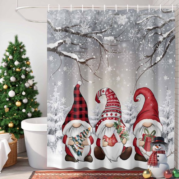Red Christmas Gnome Shower Curtain, 36" x 72", Xmas Trees Branches Winter Snowflakes Waterproof Bathroom Curtain Washable Shower Curtain Set with 12 Hooks