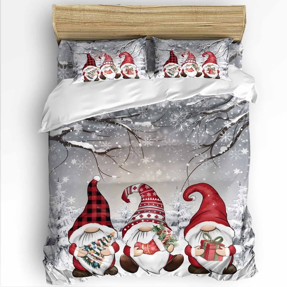 Red Christmas Gnome Twin Size Comforter Set, Xmas Trees Branches Winter Snowflakes Soft Bedding for All Seasons, 4 Pcs Bed Set with 1 Comforter (68"x86") ,1Sheet(66"x116"), 2 Pillowcases (19"x29")