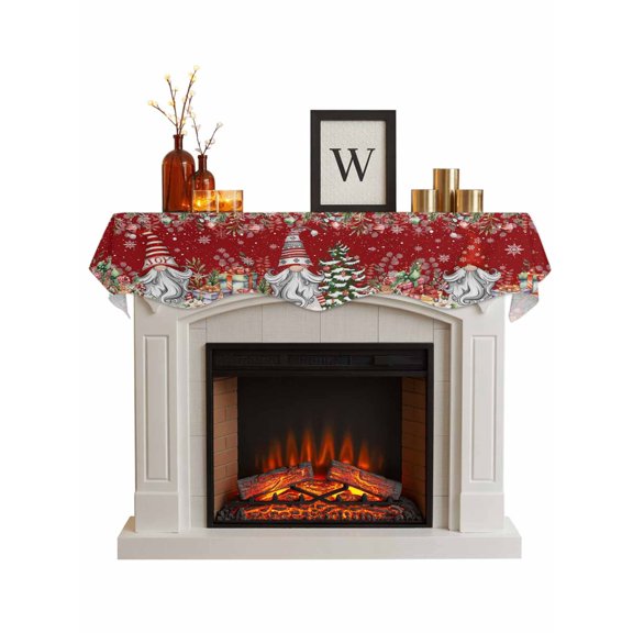 Red Christmas Gnomes Fireplace Mantle Scarf, Xmas Tree Poinsettia Winter Gifts Mantel Cover Table Runner for Home Living Room Door Window, Indoor Outdoor Holiday Party Decor 17" x 90"