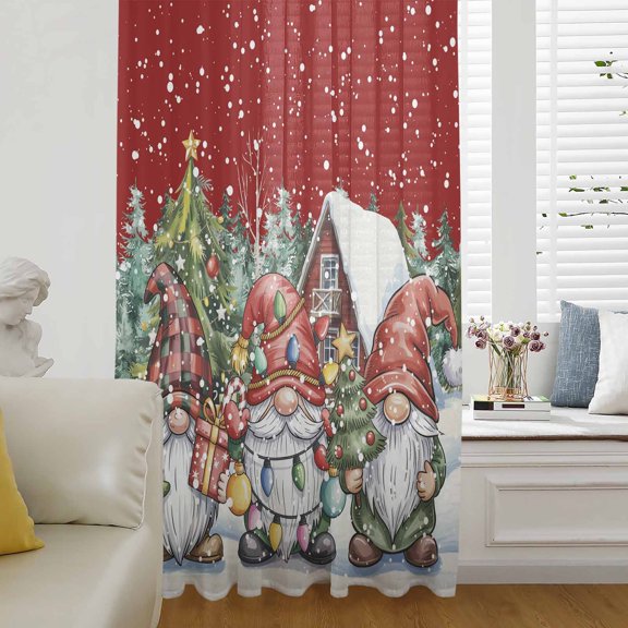 Red Christmas Gnomes Semi Sheer Curtains Drapes for Living Room, Bedroom, French Doors Window 45 Inches Long, Xmas Winter Forest Pine Tree Rod Pocket Chiffon Curtain Drapery Voile Draperies Panel