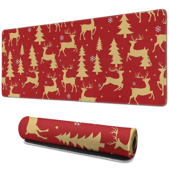Red Christmas Golden Reindeer Pattern Extended Large Mouse Pad, Gaming Desk Pad with Non Slip Base & Stitched Edges, Smooth Polyester Gifts for Birthday Christmas Thanksgiving,31.5"x11.8"