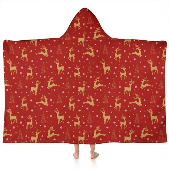 Red Christmas Golden Reindeer Pattern Hooded Bath Towel,60"x35" for Ages 3 To 12 Kids, Quick Dry Lightweight Soft Microfiber Hood Beach Towel Cover Up for Kids