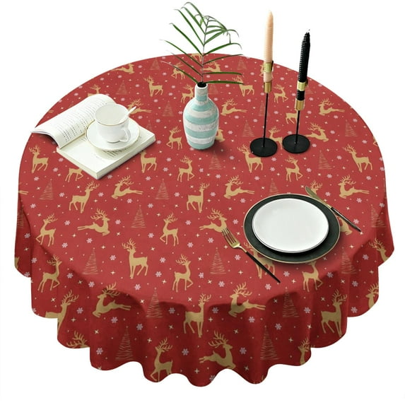Red Christmas Golden Reindeer Pattern Round Tablecloth 60"x60",Wrinkle Wipeable Table Cloth for Kitchen Dining Room Picnic Patio Party