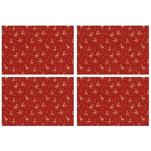 Red Christmas Golden Reindeer Pattern Summer Placemats Table Placemats Set Of 4-Linen Kitchen Washable Placemats Table Mats 11.8"x17.7" Non-Slip Heat Resistant