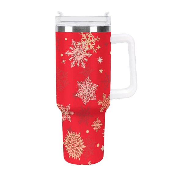 Red Christmas Golden Snowflake 40 Oz Tumbler with Handle and Straw Lid, Stainless Steel Insulated Travel Coffee Mug, Vacuum Insulated Water Bottle for Home, Office, Car, Keep Hot/Cold for Hours
