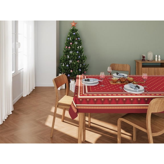 Red Christmas Holiday Tablecloth with printed Xmas details gold glitter accents