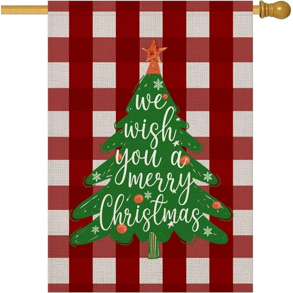 Red Christmas House Flags Christmas Trees Garden Flags 28x40 Inch Double Side Buffalo Check Plaid Background Yard Flags Winter Outside House Flag Cotton Linen Xmas Outdoor Flags (Trees)