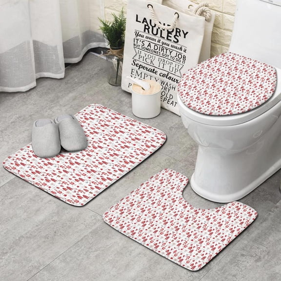 Red Christmas House and Tree Pattern Bathroom Rugs Sets 3 Piece,Toilet Cover Set,Absorbent Non Slip Bathroom Mats Sets with U-Shaped Contour Rug Toilet Rug Set