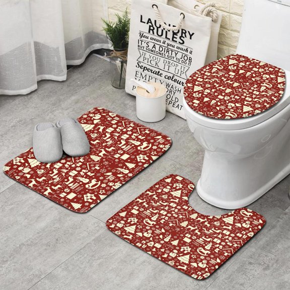 Red Christmas Icon Pattern Bathroom Rugs Sets 3 Piece,Toilet Cover Set,Absorbent Non Slip Bathroom Mats Sets with U-Shaped Contour Rug Toilet Rug Set