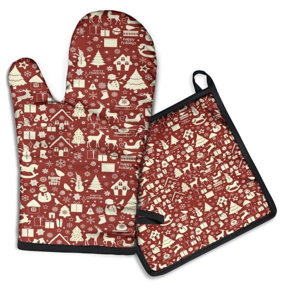 Red Christmas Icon Pattern Kitchen Oven Mitt and Pot Holder Sets 2 Pcs for Baking, Cooking and Grilling, Heat Resistant Up To 392 °F