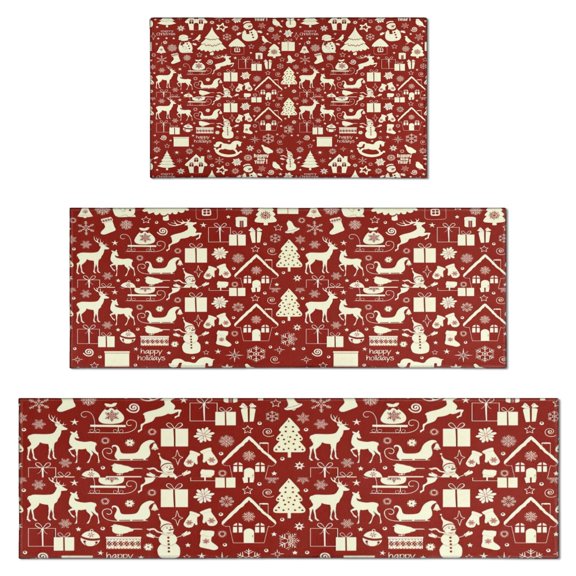 Red Christmas Icon Pattern Kitchen Rugs Sets Of 3,Kitchen Runner Rugs Non Skid Washable,Decorative Kitchen Floor Mats for Kitchen,Sink,Laundry,17"x30"+ 17"x47" + 17"x59"