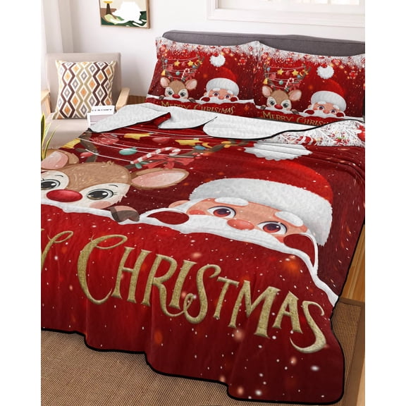 Red Christmas King Size Down Alternative Comforter, Lightweight Comforter Quilt Bedding Set with Pillow Shams Santa Claus Deer Snowflake Pine Branches Ball Bed Comforter Duvet Insert 96"x106"
