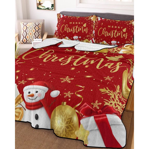 Red Christmas King Size Down Alternative Comforter, Lightweight Comforter Quilt Bedding Set with Pillow Shams Snowman Xmas Snowflake Gifts Winter All Seasons Bed Comforter Duvet Insert 96"x106"