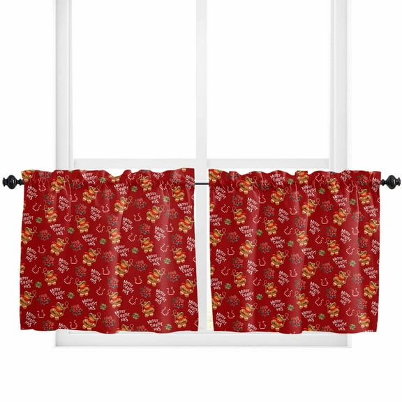 Red Christmas Kitchen Curtain 2 Panels Tiers Curtains 24 Inch Length, Western Xmas Poinsettia Botanical Curtains Rod Pocket Curtains Window Drapes Treatment Window Cafe Curtains
