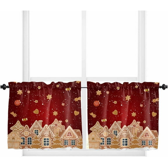 Red Christmas Kitchen Curtain 2 Panels Tiers Curtains 24 Inch Length, Xmas Snowflake Cute Tree Curtains Rod Pocket Curtains Window Drapes Treatment Window Cafe Curtains