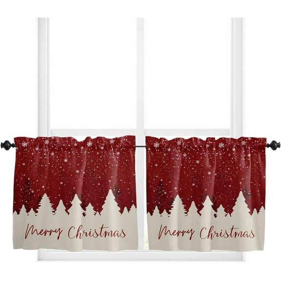 Red Christmas Kitchen Curtain 2 Panels Tiers Curtains 24 Inch Length, Xmas Snowflake Tree Curtains Rod Pocket Curtains Window Drapes Treatment Window Cafe Curtains