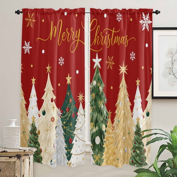 Red Christmas Kitchen Curtain for Berdoom Living Room Cafe 72 Inch Length, Gold Silver Green Pine Trees Snowflake Xmas Tiers Curtains Light Filtering Drapes Window Treatment 2 Panels 52"Wx72"L