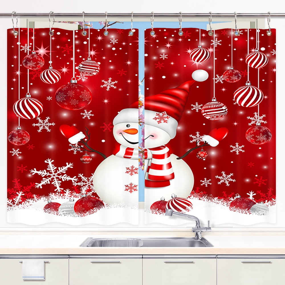 Red Christmas Kitchen Curtains, Cute Snowflake Snowman Christmas