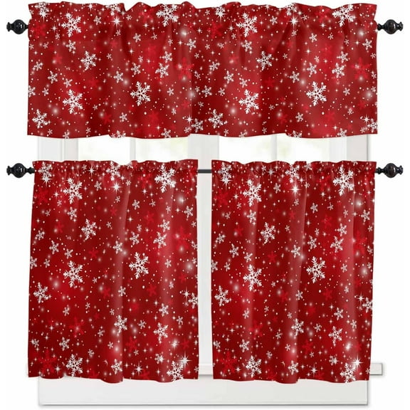Red Christmas Kitchen Curtains Set, Winter White Snowflake Xmas Tier Curtain 36 Inches Length, Merry Christmas Valance and Tiers Set Window Treatment Decor for Bedroom/Living Room